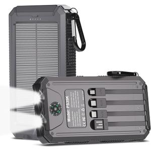 Power Bank Solar Charger 20,000mAh, Portable Phone Charger, 4 Cables Outdoor Waterproof External Backup Power Charger with USB-C for Cell Phones, Solar Battery Pack with Dual Flashlight for Camping