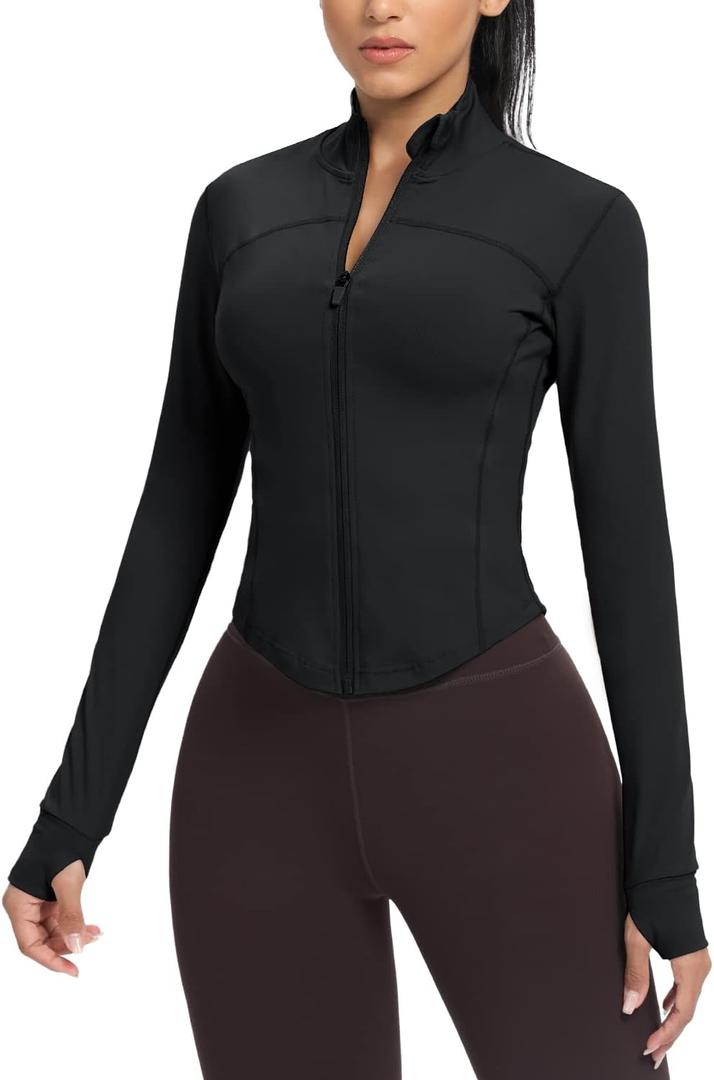 AVGO Women's Cropped Running Workout Jackets Zip Slim Fit Athletic Tops with Thumb Holes(Black, S)