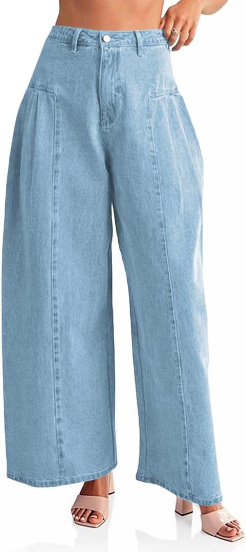 PLNOTME Womens Baggy High Waisted Jeans Loose Boyfriend Wide Leg Side Pleated Denim Pants (Blue)