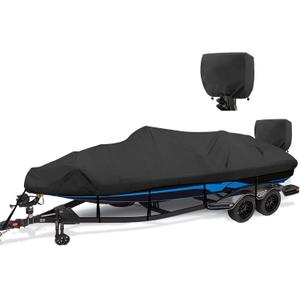 1200D Waterproof Boat Cover - Fits 17' to 19' ft Bass, V-Hull, Tri-Hull, Fish & Ski, Runabout Bowrider Boats - Heavy Duty Canvas Black (Model C: Fits 17'-19' L X 96" Beam Width)