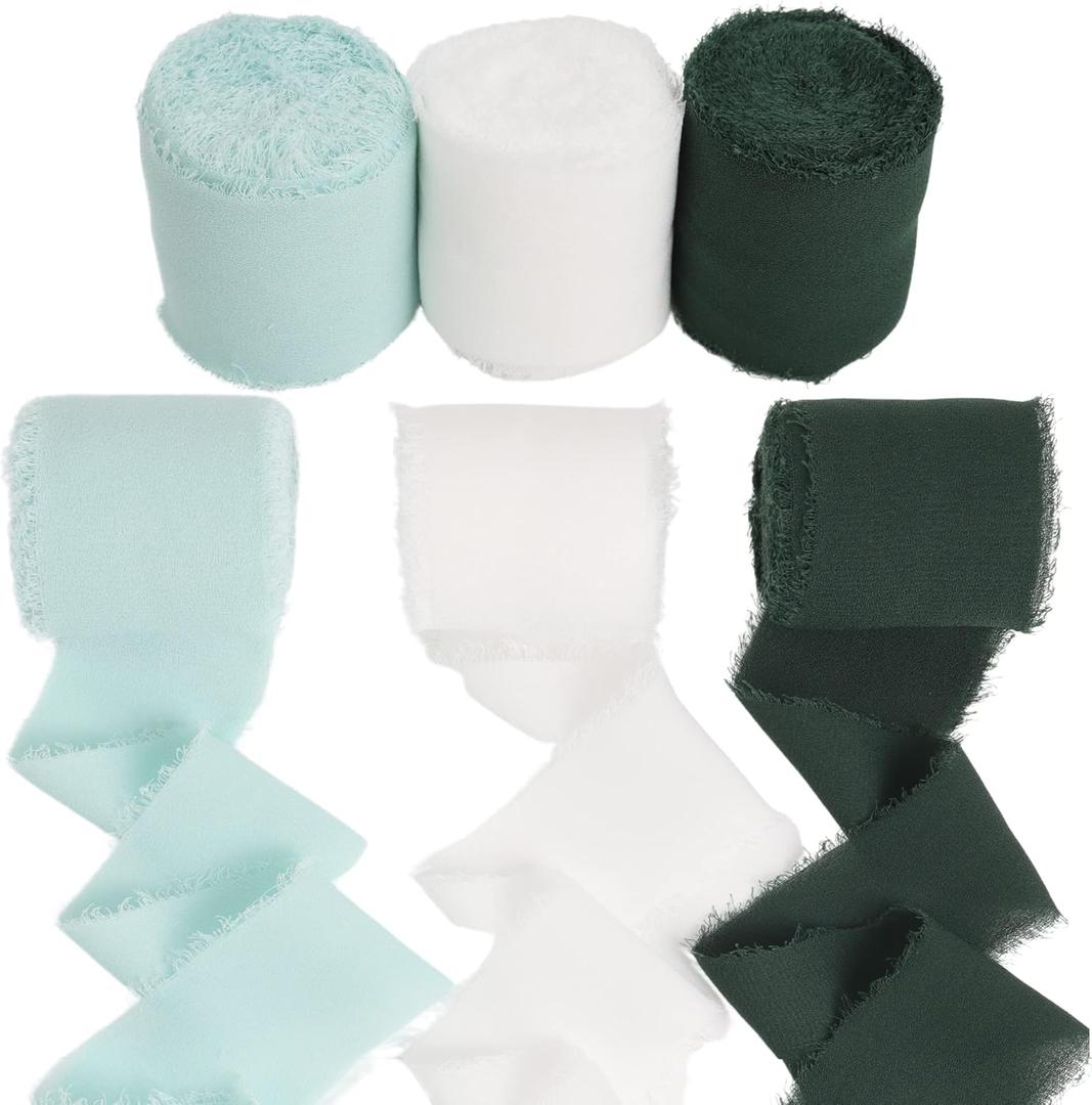 Chiffon Ribbon,Ribbons for Crafts,Silk Ribbon,Sage Green Ribbon,3Rolls 1.57' x 6Yd,Mixed Color Ribbons Set 3 Rolls for Wedding Invitations, Bridal Bouquets, Gifts Wrapping, Holiday Decorations
