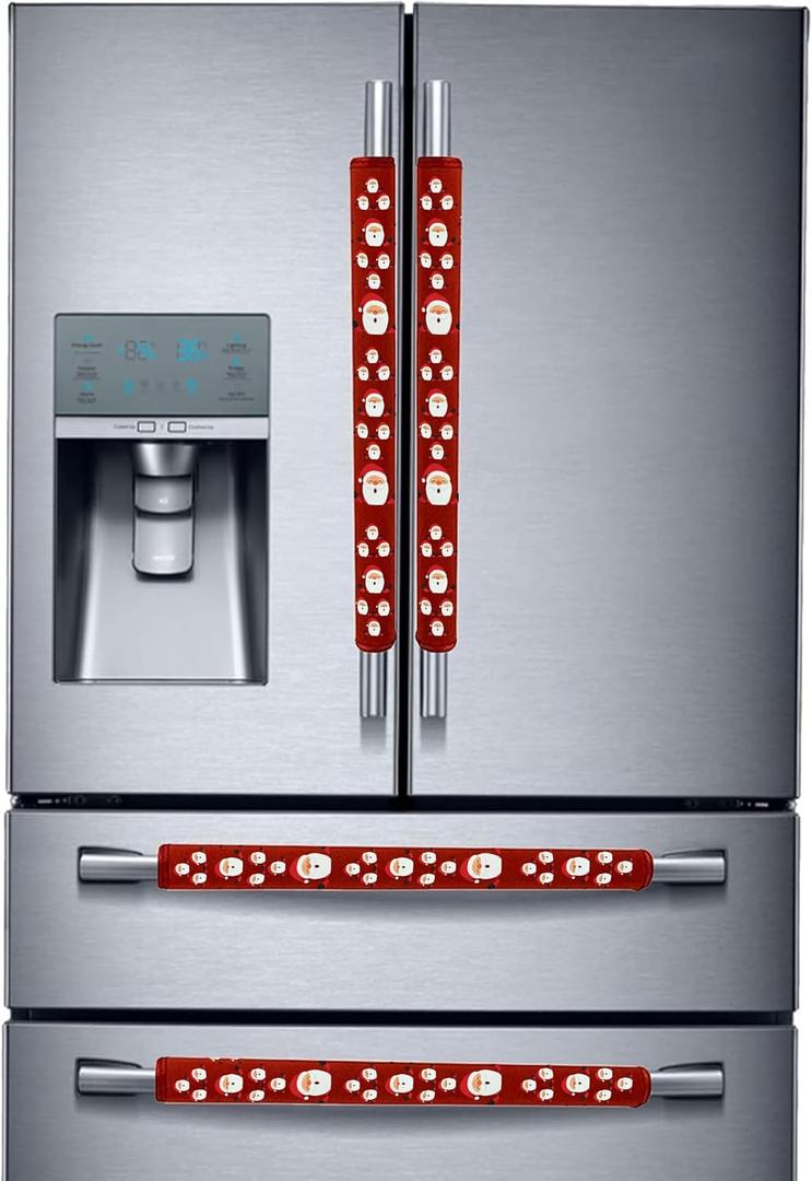Miaowater 4PCS Refrigerator Door Handle Covers Kitchen Appliance Decor Handles Anti-Skid Anti-Static Protector Fridge, Dishwasher Oven Keep Off Fingerprints, Food Stains (Christmas Red) (4PCS 15.74*5.5")