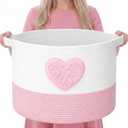 LemonRoad Pink Heart Extra Large Cotton Rope Basket 20"x14", Embroidered Woven Baby Laundry Blanket Basket Box with Handle Storage, Blanket Storage for Living Nursery Pillows Laundry Baby Toy Chest