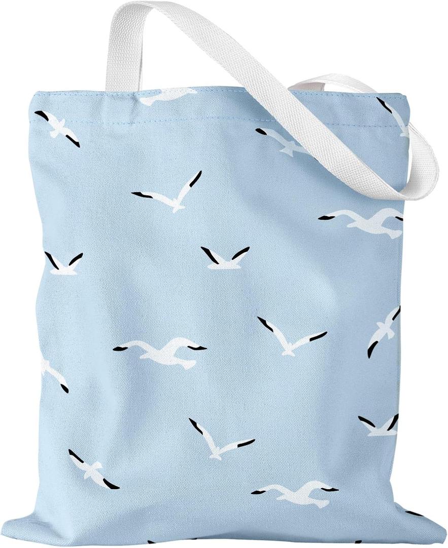 2 x Aesthetic Canvas Tote Bag for Women Pattern Trendy Casual Music Inspired Cloth Totes Bag for Shopping (Blue Fly Bird)
