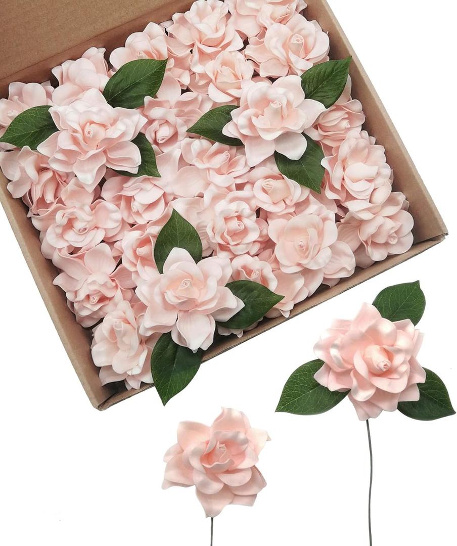 D-Seven Artificial Flowers 25pcs Gardenia Flowers with Stem for Wedding Flowers Centerpieces Bridal Shower Baby Shower Decorations DIY Wedding Bouquets Party Home Decor (Blush)