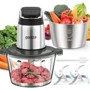 Ganiza Food Processor with Dual Bowls, 2-Speed Food Chopper & Meat Grinder | 8Cup Stainless & 8Cup Glass Bowls, Upgraded Button & Smart Overheat Protection Light - Includes Clean Brush, 2 Sets of Blades