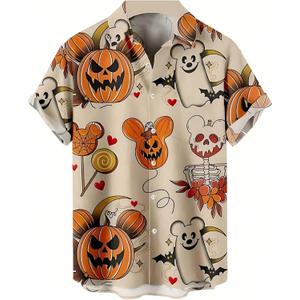 Mens Halloween Shirt Pumpkin Printed Hawaiian Bowling Short Sleeve Casual Button Down Holiday Shirts (XX-Large)