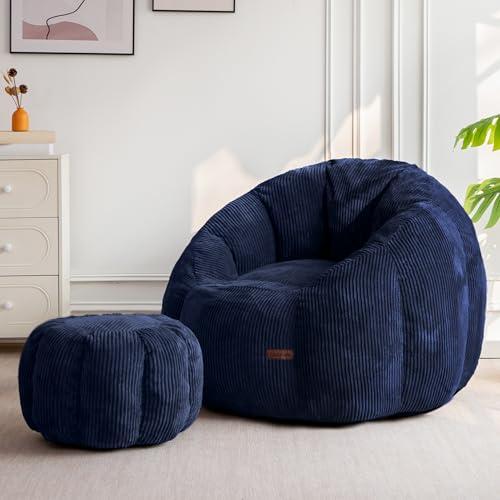 MAXYOYO Giant Bean Bag Chair with Ottoman, Pumpkin-Shaped Bean Bag Sofa with Footstool, Oversized Boneless Couch Chair in a Box, Comfy and Lazy Lounge for Dorm, Living Room, Bedroom, Navy