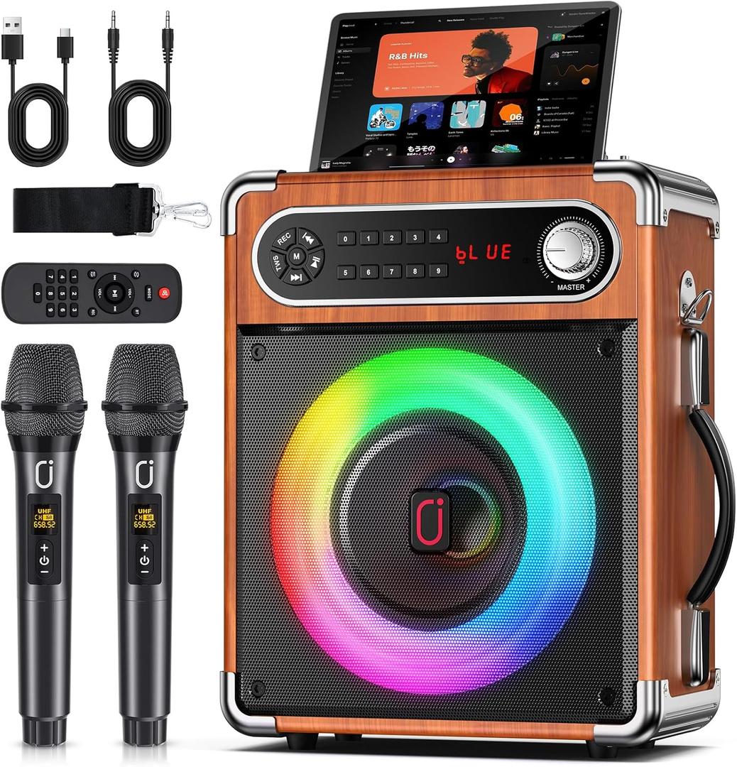 JYX Karaoke Machine, 2 Wireless Microphones, Portable Bluetooth 5.3 PA Speaker with Disco Lights, Smart TV Compatible, Upgraded Subwoofer, Bass Boost & Echo, TF/USB/AUX/FM, Home & Outdoor Party (Wood)