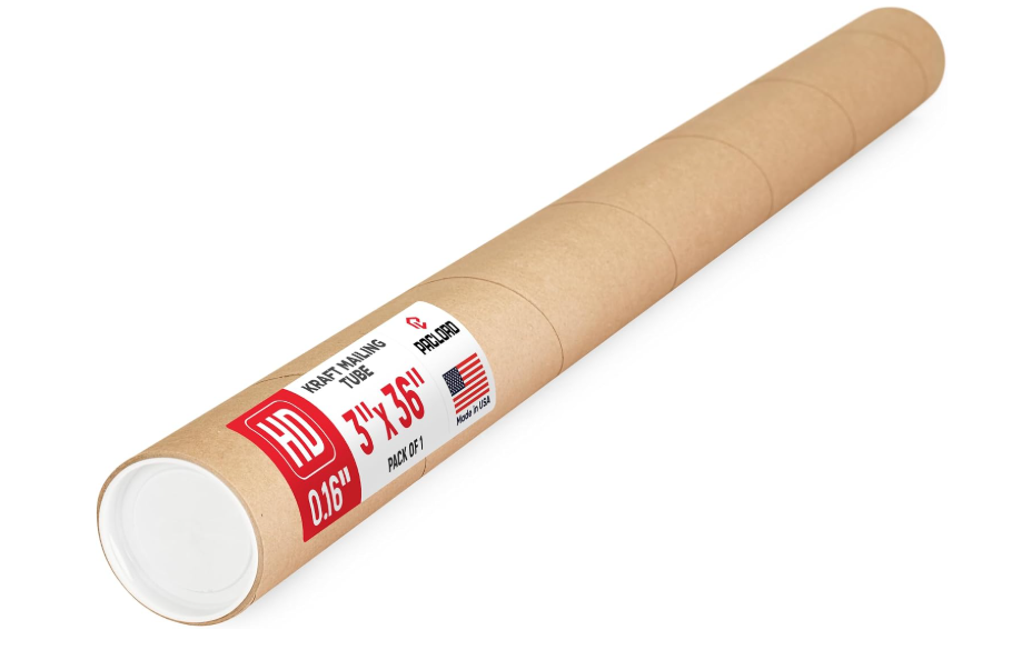3" x 36" Heavy-Duty Reinforced Cardboard Mailing Tube, Pack of 1 Tube with 2 Caps – Secure USPS Approved – Great for Shipping and Storing of Prints, Artwork, Posters or Documents
