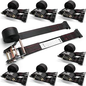 KJE E-Track Ratchet Straps, 8 Pack Black 2" x16' Heavy Duty Cargo Tie-Downs, 4500LBS Breaking Strength, Standard E Track Fitting Tie Down Ratcheting Strap for Cargo Vans, Trucks, Trailers