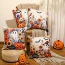 Weysat Halloween Horror Throw Pillow Covers 18 x 18 Inch Set of 4 Halloween Pillow Case Wildflower Pumpkins Ghost Bat Pattern Seasonal Decorative Horror Cushion Case Decoration for Home Sofa Couch Bed