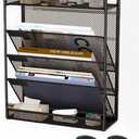 5 Tier Mesh Wall File Organizer,3 Pockets vertical Mount Hanging Organizer with Top/Bottom Tray | 2 Hooks | Wall Mount & Door Hanging for Office Home