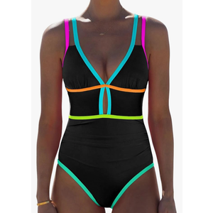 popvil Women One Piece Swimsuit 2026 Tummy Control Sexy Cutout Neon Color Block Bathing Suit Slimming Adjustable Swimwear, Size S