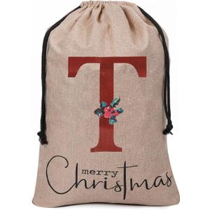 Subyan 27 x 23 Inch Burlap Christmas Gift Bag, Extra Large Reusable Personalized Monogram Letter Santa Sack with Drawstring for Xmas Party Decorations(Letter T)