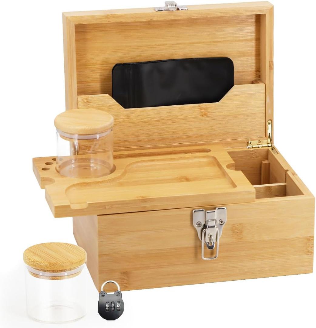 Large Bamboo Box with Combination Lock - Decorative Locking Box with Detachable Compartment, Removable Tray, Jars, Resealable Bags - Great Holidays Gifts (Burlywood)