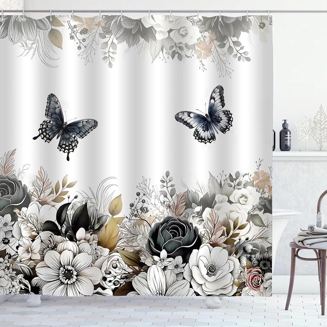 Black White Floral Shower Curtain, Flower Butterfly Shower Curtains for Bathroom Grey Floral Leaf Waterproof Fabric Bathroom Curtains 72x72 Inch with 12 Plastic Hooks