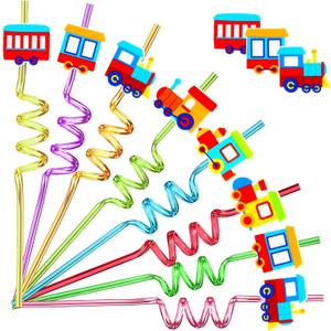 24 Pack Train Theme Shaped Straws - Reusable Plastic Straws with Cartoon Decoration - Kids Party Supplies - Birthday Party Favors with 2 Cleaning Brushes
