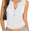 Womens Henley Tank Top Cotton Ribbed Crewneck Vest Button Down Sexy Sleeveless Going Out Top Summer Clothes 2026 (Medium, Pure White)