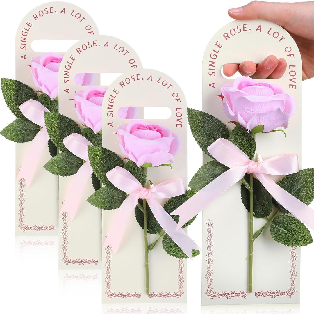 4 Sets Valentine's Day Rose Gift Set for Loved Ones - Artificial Single Rose Bouquets with Handheld Boxes Card, Thoughtful Gift for Girlfriend, Mom, Family, Couples(Pink)