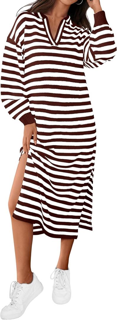 MASCOMODA Womens Fall Dresses 2024 Striped Sweater Dress Casual Long Sleeve V Neck Collared Loose Side Slit Knit Midi Dress (Small, Coffee)