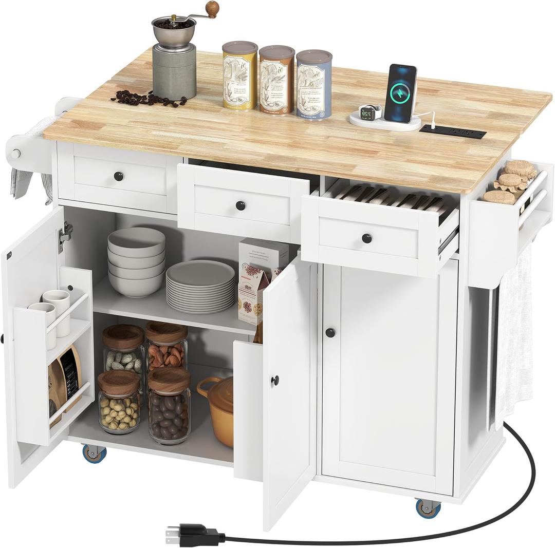 HOMCOM Rolling Kitchen Island with Power Outlet and Drop Leaf, 53" Island Table with Wood Top, 3 Drawers, Adjustable Shelf, Spice & Towel Rack, Kitchen Cart on Wheels, White