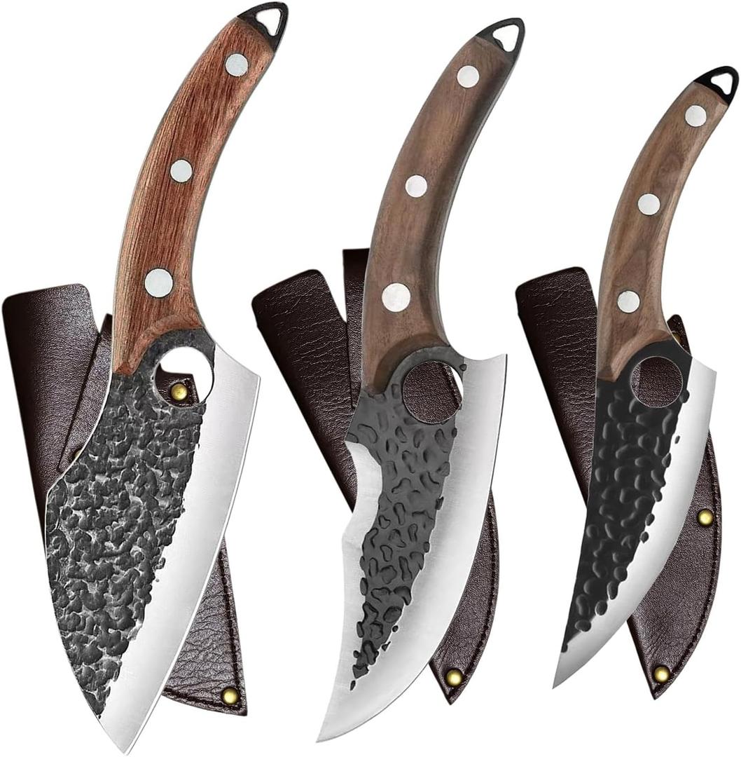 Handmade Forged Kitchen Knife 3 Pcs Professional Chef Knife Set, Hunting, BBQ Meat Knives for Cooking, Forged Kitchen Knife with High Carbon Stainless Steel Cutlery With Leather Sheaths