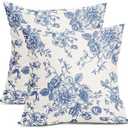 Blue Floral Pillow Covers 20x20 Inch Vintage Flower Blue White Decorative Throw Pillow Covers Set of 2 Chinoiserie Pillowcases Cotton Linen Square Cushion Covers For Couch Bed Sofa Chair Car Decor