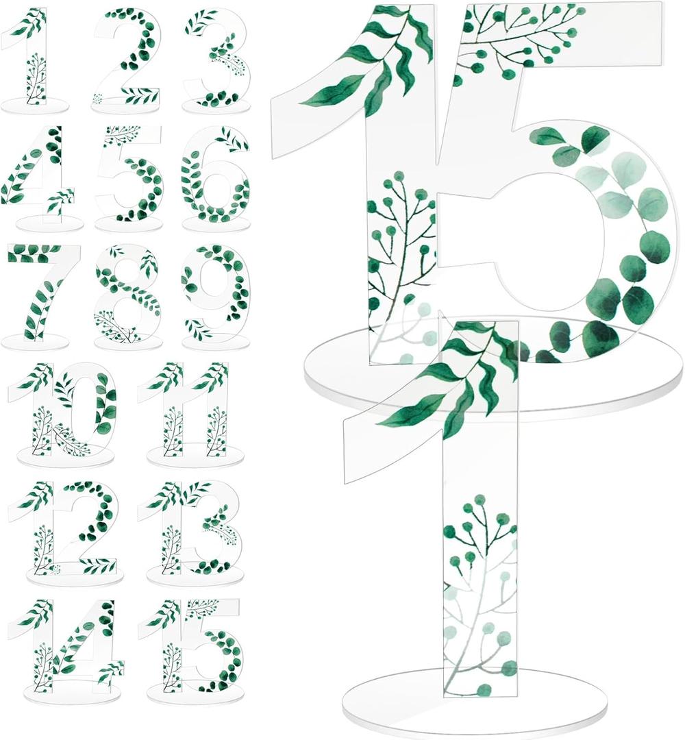 Acrylic Wedding Table Numbers 1-15 with Stands 4.72 x 3.15 Inches Clear Sign Place Cards with Green Eucalyptus Floral Theme for Wedding Reception Bridal Shower Table Decorations