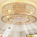 20" Caged Crystal Ceiling Fan with Lights Flush Mount Gold Fandelier Low Profile Chandelier Fan Enclosed Ceiling Fan Light Fixtures with Reversible Motor for Bedroom Kitchen Living Room
