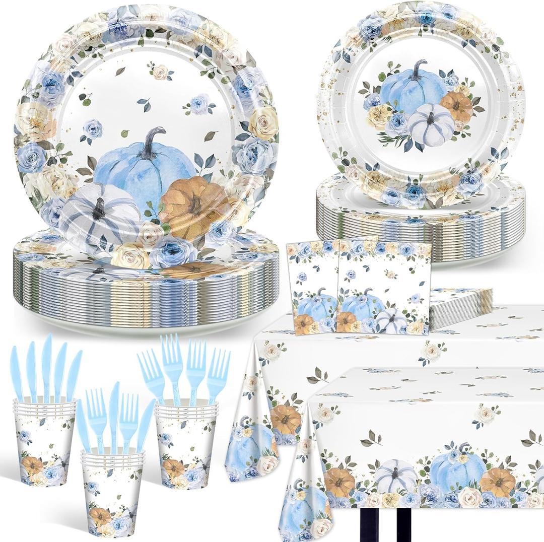 Blue Pumpkin Baby Shower Decorations for Boy: Little Pumpkin on The Way Plates, Napkins, Cups, Tableware and Tablecloth Fall Party Supplies Decorations for Birthday Baby Shower Serve 24