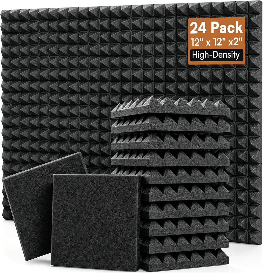 24 Pack 2” Thick Pyramid Acoustic Foam, Sound Proof Foam Panels for Walls