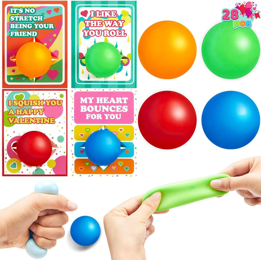 JOYIN 28 Packs Valentines Day Gift Cards with Stress Ball Set Stretchy Squishy Toy Balls Sensory Squishy Toys Stress Relief Fidget Toys for Kids Classroom Exchange Prizes, Valentine Party Favor