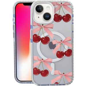 Bow Cherry for iPhone 13 Case, MagSafe Compatible,Matte Soft Slim Shockproof Cover,Anti-Fingerprint,Anti-Yellowing,Anti-Scratch Back,Magnetic Phone Case for Women,Girl,Cute,Girly,Clear