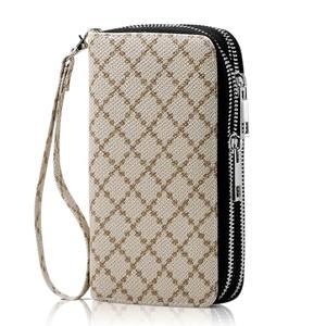 HAWEE Cellphone Wallet for Women Dual Zipper Long Purse with Removable Wristlet, Khaki Grille