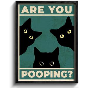 Heiple Framed Bathroom Wall Art Black Cat Are You Pooping Funny Wall Decor Hanging Sign for Vintage Home Farmhouse Decor (Black, 16"x20")