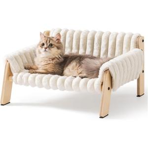 MEWOOFUN Cat Couch Bed, Pet Sofa for Indoor Cats Wooden Indoor Elevated Cat Beds with Removable Mattress Cover Suitable for Kitty, Puppy or Small Animal (Cream, Medium)