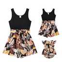 PATPAT Mommy and Me Matching Rompers Black Leaf Print Suspender Sleeveless Crewneck Matching Jumpsuits For Women S