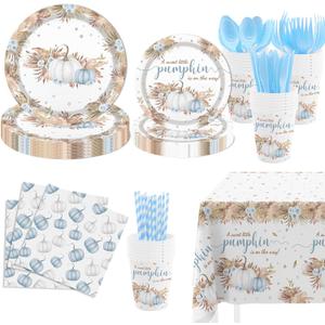 MEHOFOND Fall Pumpkin Baby Shower Decorations Boho Floral Little Pumpkin Party Supplies Blue Disposable Tableware Set 193 Pcs Plates Napkins Plastic Tablecloth for Boy Baby Shower Party