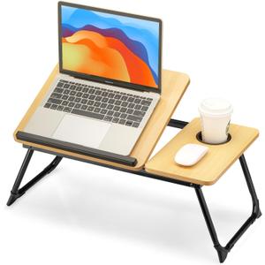 FISYOD Foldable Laptop Desk for Bed Couch, Adjustable Split Lap Desk with Cup Holder, Portable Lightweight Bed Table Tray, Heavy-Duty Laptop Stand for Working, Writing, Reading and Eating - Oak