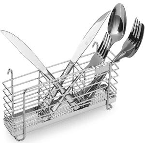 KESOL Sturdy 304 Stainless Steel Utensil Drying Rack Basket Holder with Hooks 3 Divided Compartments, Rust Proof, No Drilling (Small)