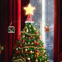 Christmas Tree Topper, Star Motion Rotating Santa's Reindeer Sleigh + Snowmen in Green Cable Car with Merry Xmas Slogans, Illuminated LED Star Christmas Party with Music for Christmas Tree Decor