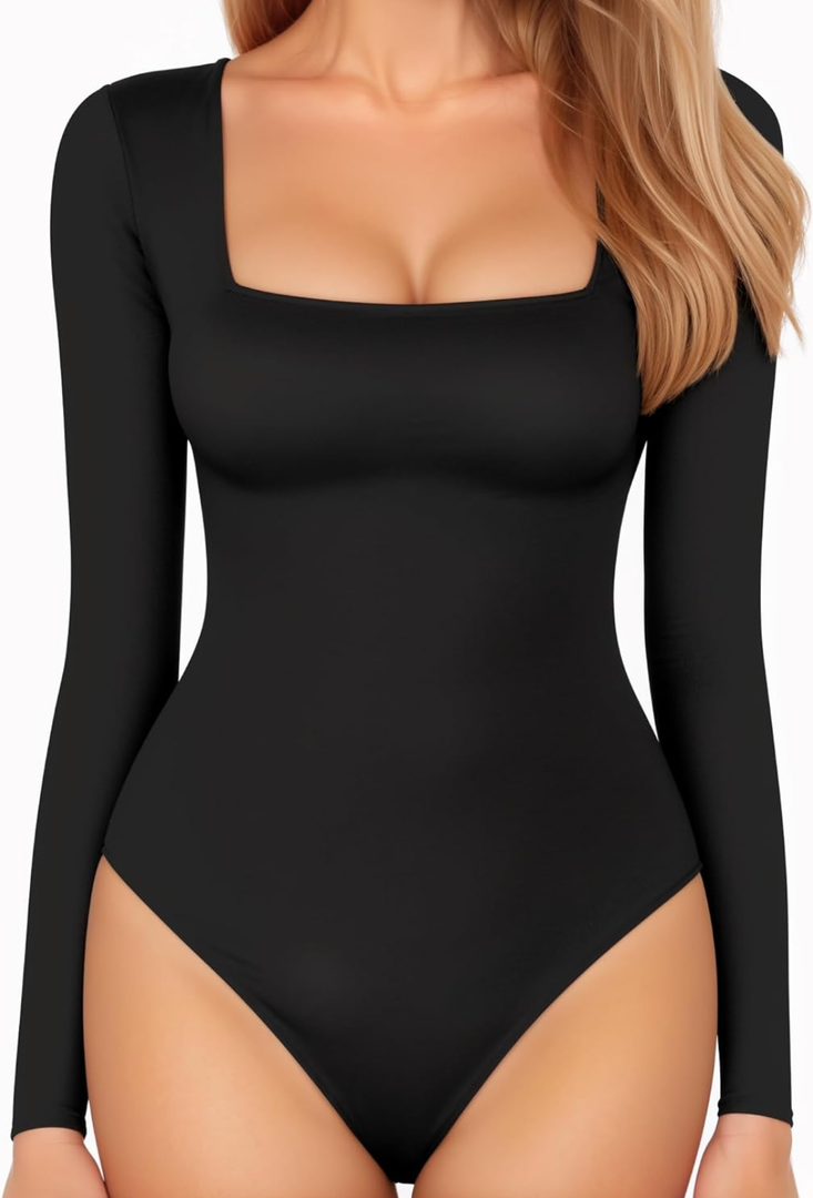 MANGOPOP Women's Square Neck Short Sleeve Long Sleeve Bodysuit Sexy Body Suits Shirt Slim Fitted Tops, Size XL