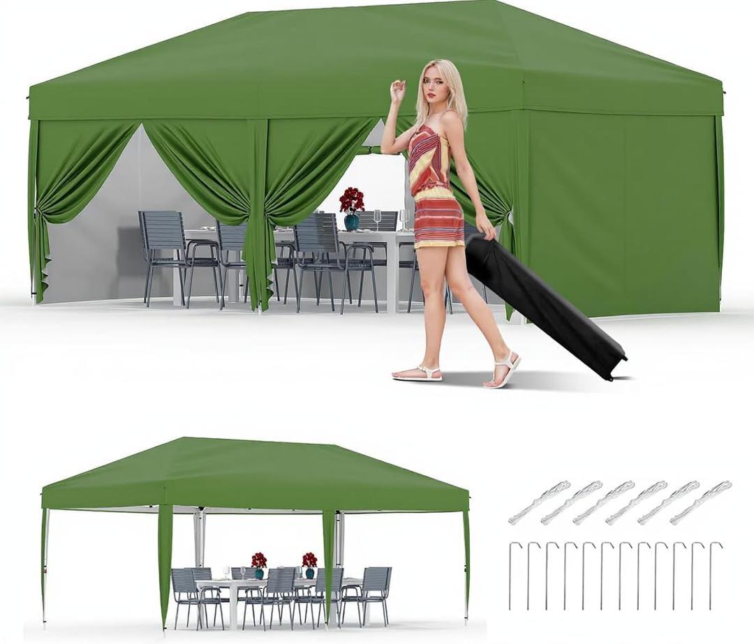 10X20 Ft Instant Pop-Up Canopy Tent-1-Push Setup Heavy Duty Portable Gazebo w/ 4 Weight Bags, Roller Bag & Full Accessory Kit | Waterproof Wind Resistant for Outdoor Events, Markets, Camping, Green