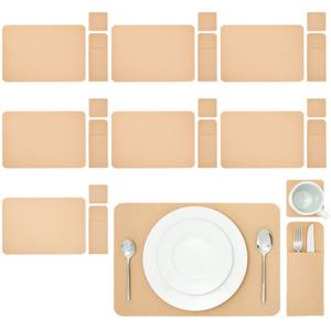 Juvale Felt Table Placemats Set of 8 for Dining Table and Kitchen Decor with Drink Coasters and Cutlery Pouches (Light Brown, 24 Pieces)