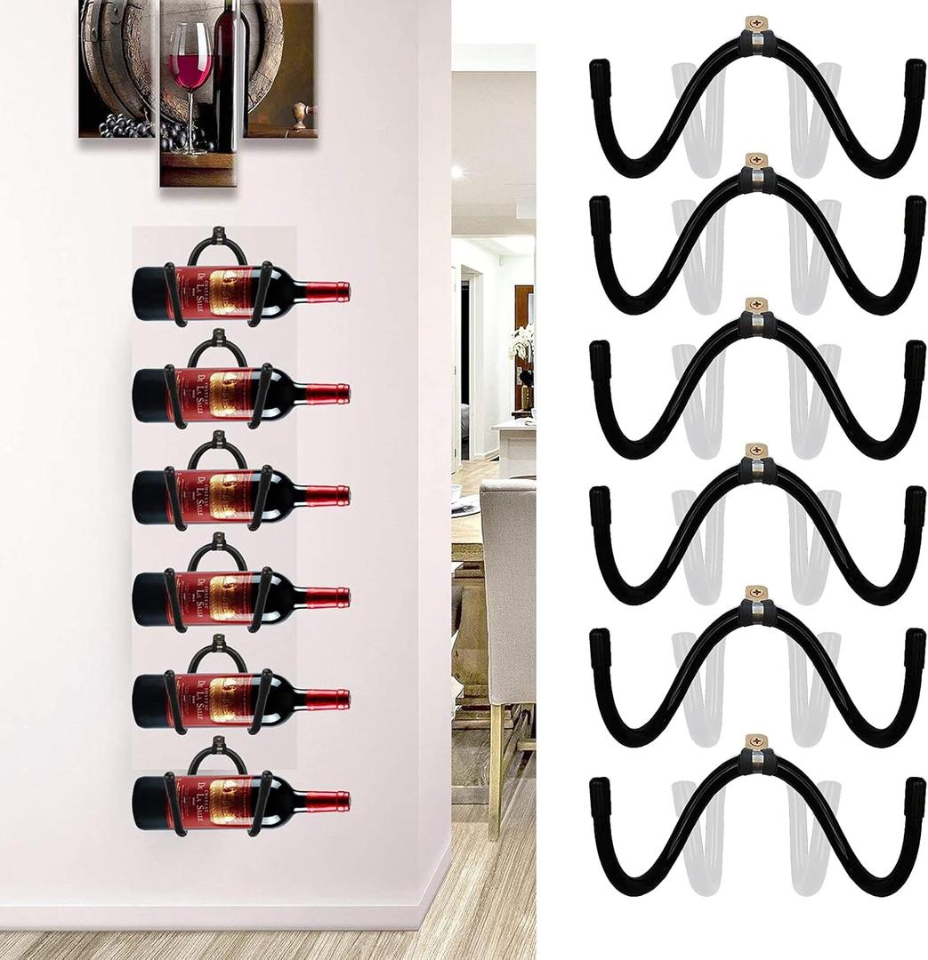 Pmsanzay Wine Wall Holder, 6 Pack Wall Mounted Wine Rack, Wine Bottle Display Holder Organizer for Wine Storage Wall Wine Theme Decor, Black (Horizontal Style)
