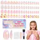 16 Sizes 128 Pieces Press on Nails for Kids, 4 pack Kids Nail Kit Colorful Flower Almond Fake Nail Tips for Girls 8-12 Years Old with Jelly Nail Adhesives & Nail Glue Birthday Christmas Gifts