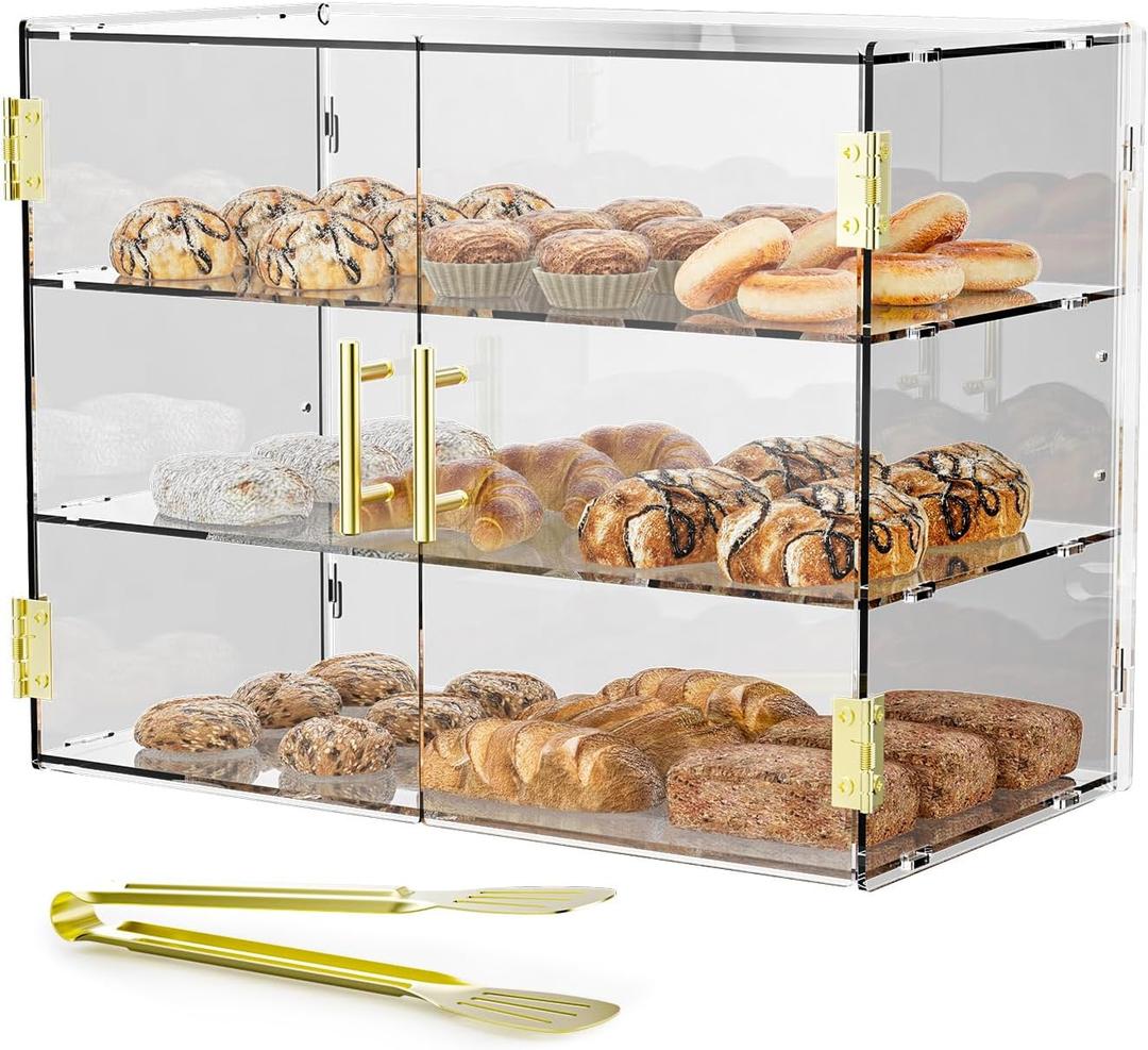 3 Tiers Clear Acrylic Counter Top Bakery Display Case 5mm high Impact PETG Panels Bread Case 19.5"X15"X10.2" Party Cake Cabinet