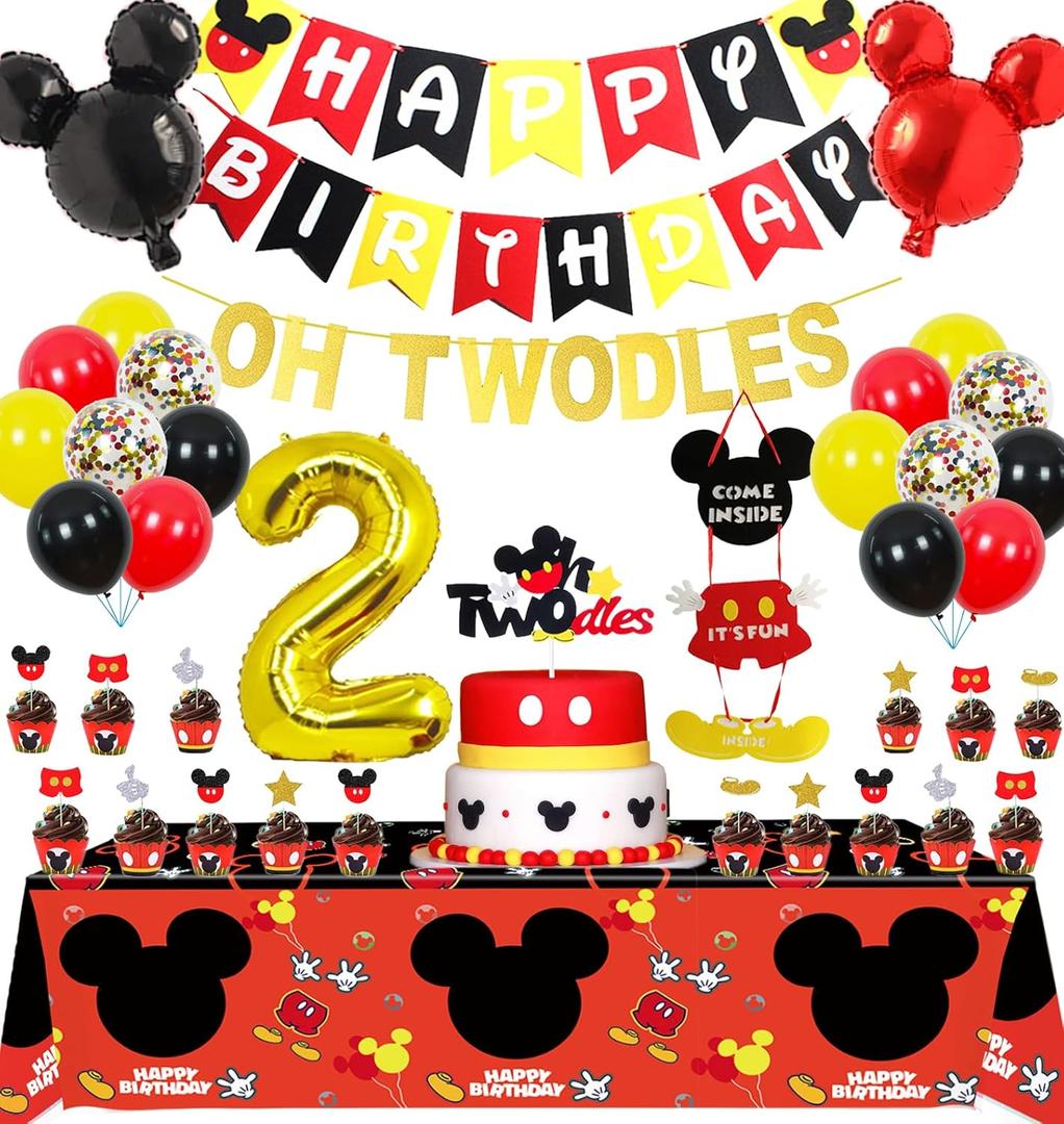 Mickey Mouse 2nd Birthday Party Supplies Oh Twodles Theme Party Decorations Includes Felt Banner,Welcome Hanger Door Sign, Tablecloth,Cake Cupcake Toppers,Mickey Head Balloons, 12 Latex Balloon,