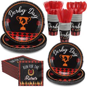 Gerrii 250 Pcs Derby Day Party Supplies for 25 Guest, Horse Racing Party Tableware Set Run for The Roses Plates and Napkins Disposable Cups Forks Knives, Horse Theme Dinnerware Derby Race Decorations